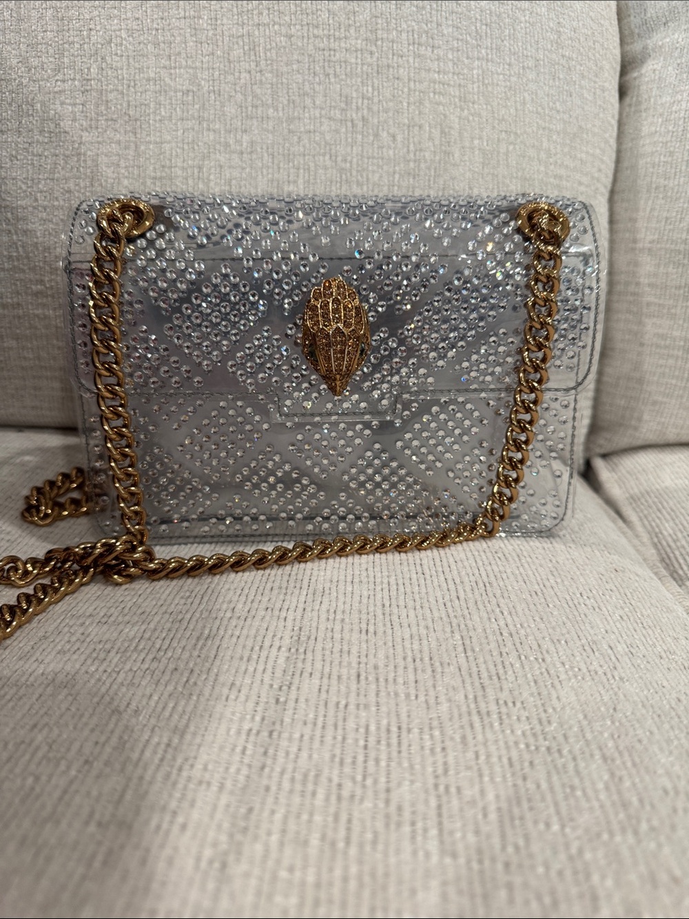 Kurt Geiger STADIUM BAG Silver Crystal-Studded Crossbody with Gold Chain